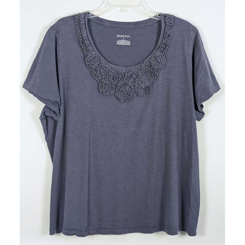Merona Womens Blue Short Sleeve T-Shirt Top Statement Collar Ruffle Neck 2x